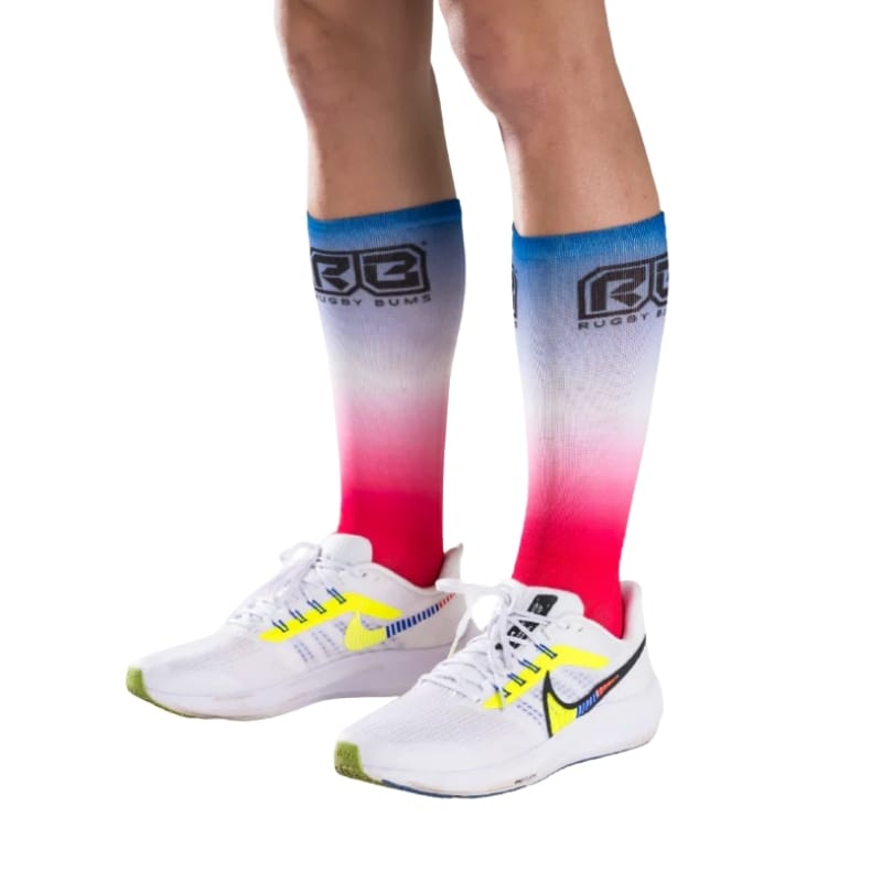 Rugby Bums Retro High-Cut Rugby Socks Blue Pink Gradient - Image 2