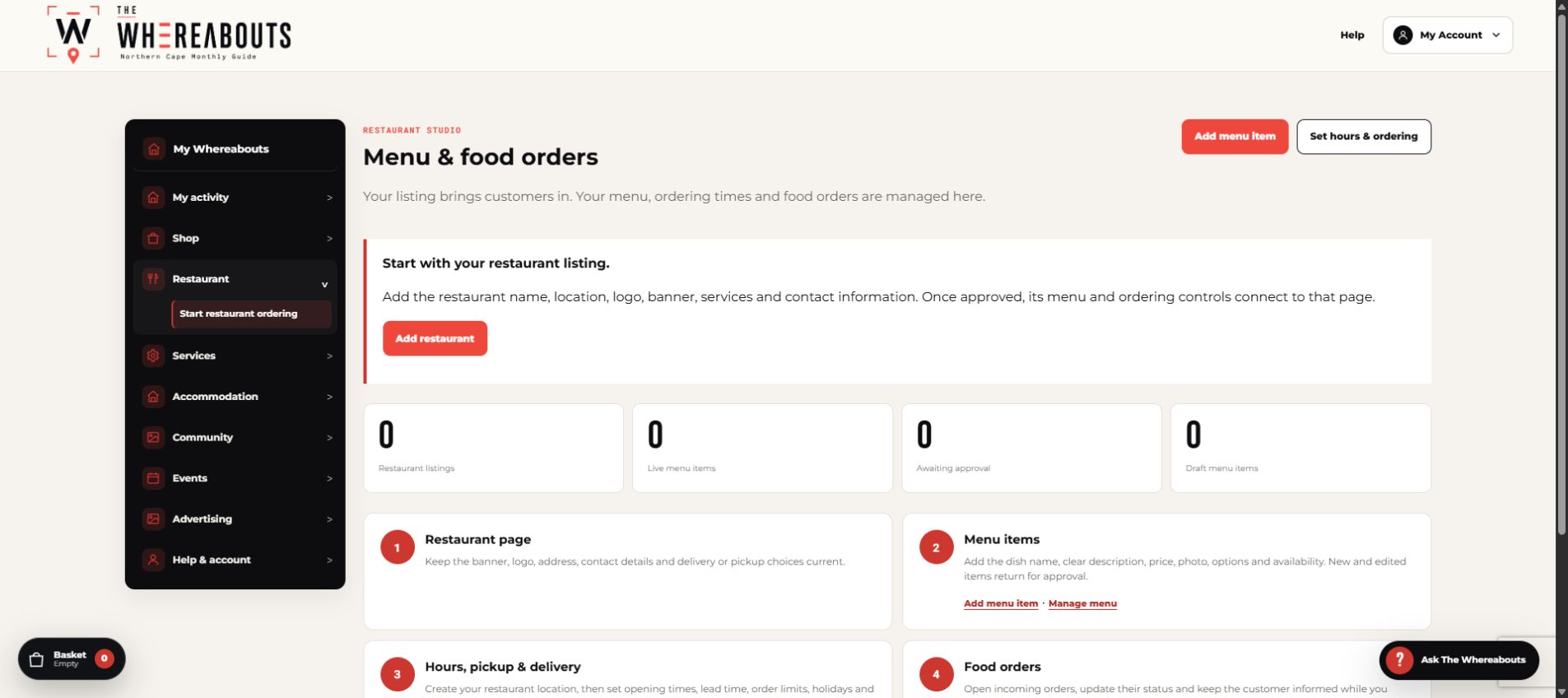 Restaurant menu and order management in My Whereabouts